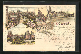 Lithographie Lübeck, Schifferhaus, Holstenthor Und Stadt  - Lübeck