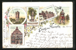 Lithographie Hameln, Hochzeitshaus, Rattenfängerhaus, Klütthurm  - Hameln (Pyrmont)