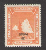 India Sikkim State 10 Paise Revenue Stamp Inverted Overprinted / Uprated  25 Paise MNH - Other & Unclassified