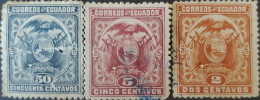 OH) 1897 ECUADOR, COAT OF ARMS, SCT 132 50c Blue,  SCT 129 5c Lake, SCT 128  2c Orange Red, EXCELLENT CONDITON USED - Equateur