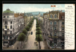 AK Zürich, Bahnhofstrasse Aus Der Vogelschau, Hotel National, Strassenbahn  - Autres & Non Classés