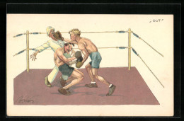 Künstler-AK Fritz Schönpflug: Boxer Im Ring, Niederschlag Des Ringrichters  - Boxe