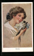 Künstler-AK Ruab Gnischaf: Junge Frau Mit Einem Kätzchen, Blaue Schleife Um Den Hals  - Gnischaf, Ruab