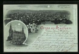 Mondschein-Lithographie Aachen, Ortsansicht Mit Rathaus  - Aken