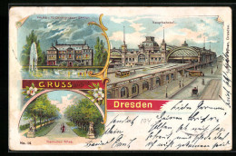 Lithographie Dresden, Hauptbahnhof, Herkules-Allee, Palais Und Teich Im Grossen Garten  - Dresden