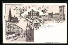 Lithographie Linz A. Donau, Museum, Bahnhof, Landstrasse  - Autres & Non Classés