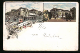 Lithographie Franzensbad, Stadt Egerer Badehaus, Theater, Blumenstrauss  - Tchéquie