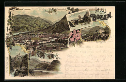 Lithographie Bozen, Ortsansicht, Burg Ried Und Runkelstein, Schloss Karneid  - Bolzano