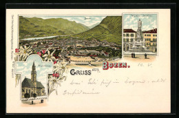 Lithographie Bozen, Totalansicht, Walther-Denkmal, Pfarrkirche, Edelweiss  - Bolzano