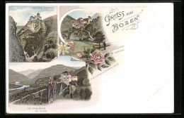 Lithographie Bozen, Schloss Karneid Von Der Strasse, Burg Runkelstein, Hasenburg Bei Bozen  - Bolzano (Bozen)