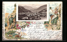 Lithographie Gries Bei Bozen, Gesamtansicht, Jäger, Dindlmädchen Und Hirsche In Den Bergen  - Bolzano (Bozen)