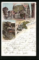 Lithographie Bozen, Batzenhäusel, Lauben-Gasse, Am Gescheibten Thurm  - Bolzano (Bozen)