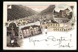 Lithographie Gossensass, Hotel Gröbner, Leopold Hof, Redwitz-Denkmal  - Autres & Non Classés