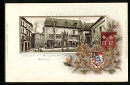 Passepartout-Lithographie Regensburg, Ortspartie Am Rathaus Mit Wappen  - Autres & Non Classés