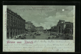 Mondschein-Lithographie Zürich, Belebter Bahnhofplatz Im Vollmondlicht  - Other & Unclassified