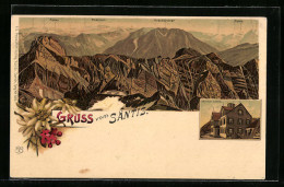 Lithographie Säntis, Gasthof Säntis, Graubündner, Alpen  - Sonstige & Ohne Zuordnung