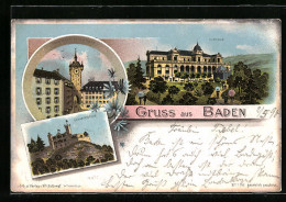 Lithographie Baden, Kurhaus, Gefängnisturm, Schartenfels  - Baden