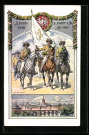 Künstler-AK Frankfurt / Main, XI. Deutsches Turnfest 1908, Turner Mit Fahnen Auf Pferden, Stadtansicht  - Andere & Zonder Classificatie