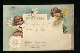 Lithographie Kindergesichter In Blumenblüten Grüssen Den Betrachter  - Autres & Non Classés