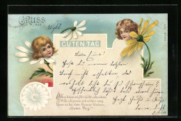 Lithographie Kindergesichter In Weissen Und Gelben Blüten Wünschen Guten Tag  - Other & Unclassified