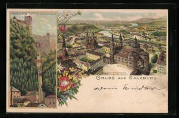 Vorläufer-Lithographie Salzburg, 1895, Hohensalzburg Mit Drahtseilbahn, Blick Von Der Festung Auf Den Dom  - Autres & Non Classés