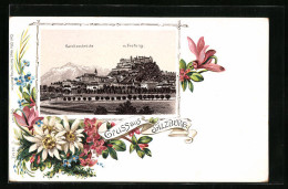 Lithographie Salzburg, Panorama Mit Karolinenbrücke Und Festung  - Sonstige & Ohne Zuordnung