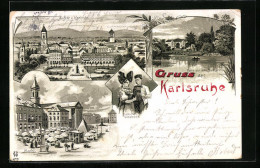 Lithographie Karlsruhe, Ortsansicht, Markt, Partie Aus Dem Stadtgarten  - Karlsruhe