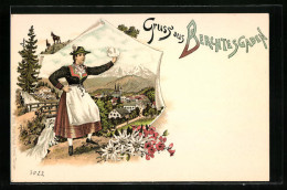 Lithographie Berchtesgaden, Ortsansicht Mit Mädchen In Tracht  - Berchtesgaden