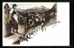 Lithographie Berchtesgaden, Alpenmädel Vor Ortsansicht Aus Der Vogelschau  - Berchtesgaden