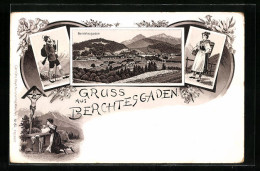 Lithographie Berchtesgaden, Ortsansicht Mit Betender Frau Vor Wegkreuz  - Berchtesgaden