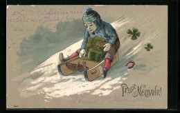 AK Junge Mit Kleeblättern Fährt Auf Einem Schlitten Den Berg Hinab  - Winter Sports