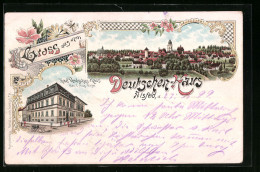 Lithographie Alsfeld, Hotel Deutsches Haus Mit Strasse, Ortsansicht Aus Der Vogelschau  - Alsfeld