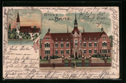 Lithographie Britz, Kreiskrankenhaus Mit Strasse, Kirche Am See  - Neukoelln