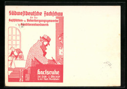 AK Karlsruhe, Südwestdeutsche Fachschau F. D. Gaststättengewerbe 1937, Gast Am Hoteltresen  - Tentoonstellingen