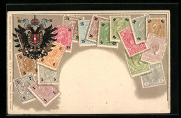 Präge-AK Österreich, Briefmarken Und Wappen Mit Krone  - Briefmarken (Abbildungen)