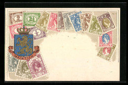 Präge-AK Niederlande, Briefmarken Und Wappen Mit Krone  - Briefmarken (Abbildungen)