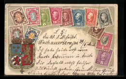 Präge-Lithographie Schweden, Briefmarken Und Wappen Mit Kronen  - Briefmarken (Abbildungen)