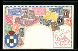 Präge-AK Griechenland, Briefmarken Und Wappen Mit Krone, Landkarte  - Briefmarken (Abbildungen)