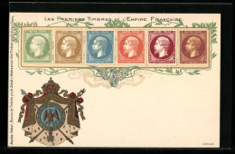 Lithographie Les Premiers Timbres De L`Empire Francaise, Briefmarken Und Wappen Frankreichs, Gefügeltes Rad  - Briefmarken (Abbildungen)