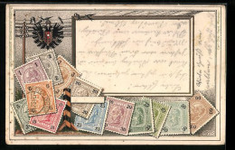 Präge-Lithographie Österreich, Briefmarken, Wappen, Telegraphenleitung Mit Schwalben  - Briefmarken (Abbildungen)