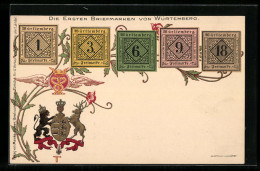 Lithographie Württemberg, Die Ersten Briefmarken, Wappen, Blumen, Geflügelter Helm Mit Schlangenstab  - Briefmarken (Abbildungen)