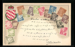 Präge-AK Monaco, Briefmarken Und Wappen Mit Krone  - Francobolli (rappresentazioni)