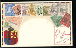Präge-AK Mauritius, Briefmarken Und Wappen, Landkarte  - Briefmarken (Abbildungen)