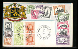 AK Belgien, Briefmarken Und Wappen Mit Krone  - Francobolli (rappresentazioni)