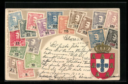Präge-Lithographie Portugal, Briefmarken Und Wappen Mit Krone  - Timbres (représentations)