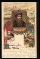 Lithographie Mainz, Gutenbergfeier 1900, Porträt Johann Gensfleisch Zu Gutenberg, Buchdruck, Dampfer Passiert Die Sta  - Other & Unclassified
