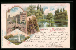 Lithographie Magdeburg, Grusonsches Gewächshaus, Hasselbach-Brunnen  - Magdeburg