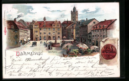 Lithographie Darmstadt, Markt Mit Marktbetrieb, Siegel  - Darmstadt