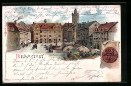 Lithographie Darmstadt, Markt Mit Marktständen, Siegel  - Darmstadt