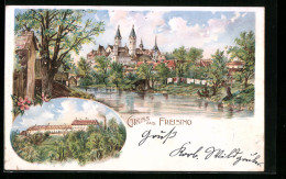 Lithographie Freising, Flusspartie Mit Ortsansicht, Weihenstefan  - Freising